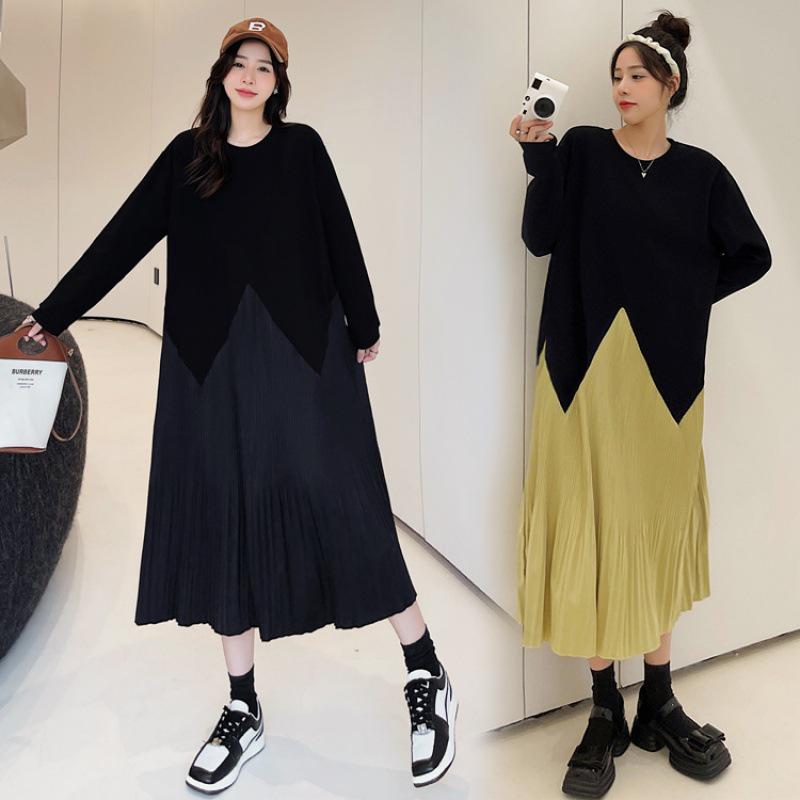 2023 Autumn/Winter Plus Size Patchwork Pleated Long Sleeve Dress for Women