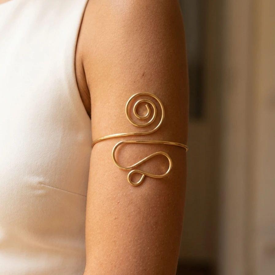 Minimalist Spiral Wire Upper Arm Cuff Bracelet Boho Adjustable Open Armlet Bangle Gold Color Summer Jewelry for Women