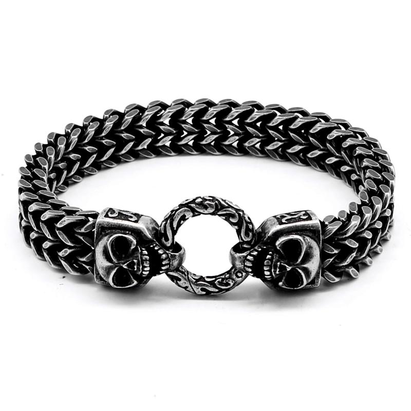 Punk Double Skull Bracelet For Men 316L Stainless Steel Heavy Shiny Skeleton Charm Mesh Chain Mens Bracelets Male Jewelry New