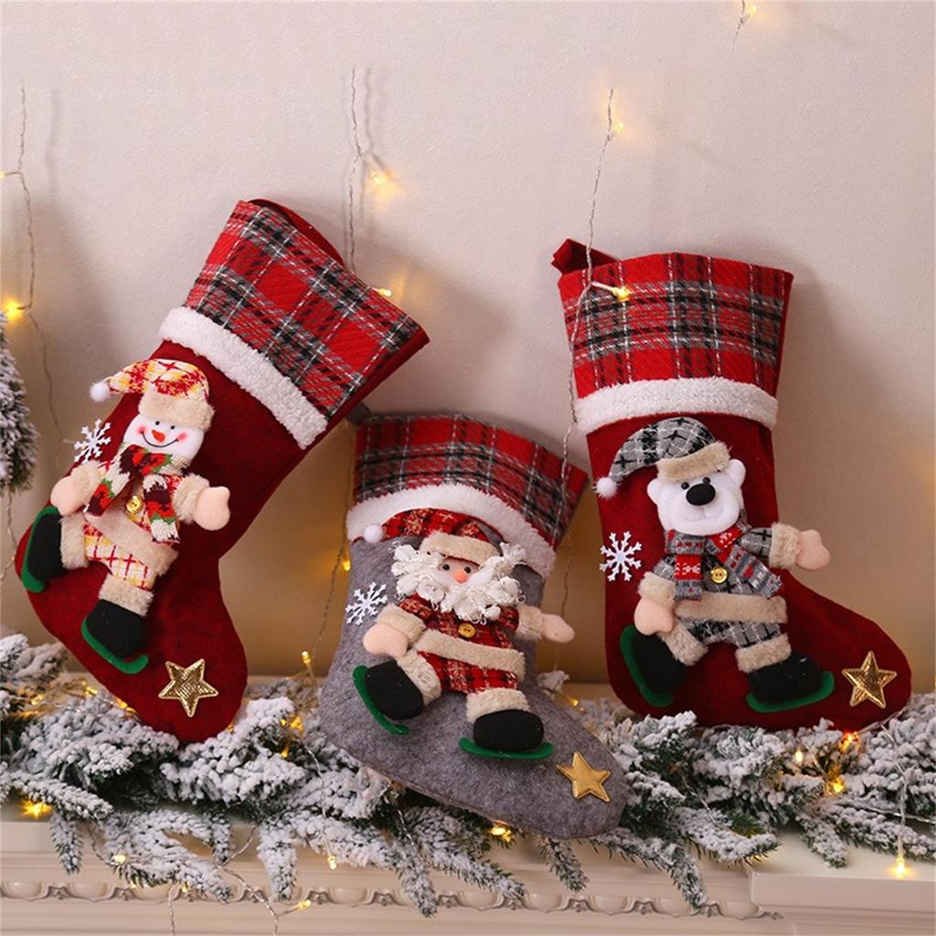 Christmas Stockings  Sock Gift Candy Bag Snowman Elk  Pocket Xmas Tree Hanging Ornament Gift Bag For Kids