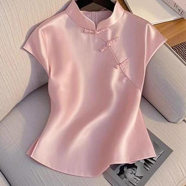 

2025 summer stand-up collar diagonal placket buckle beautiful women s shirt design sense solid color top M (under 50kg recommended)