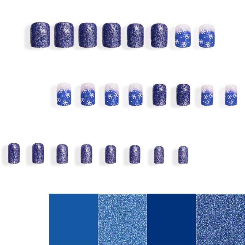 24 Pieces Short Square Artificial Nail With Blue Glittering Snowflake Designs Press on Nail For Festive Occasion