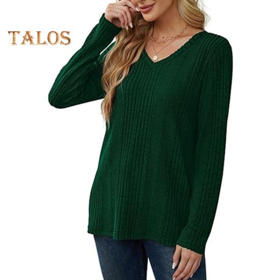 Women Tunic Sweater V-Neck Long Sleeve Solid Color Ribbed Casual Tops Slim Fit Knitted Loose Fit Fall Tops