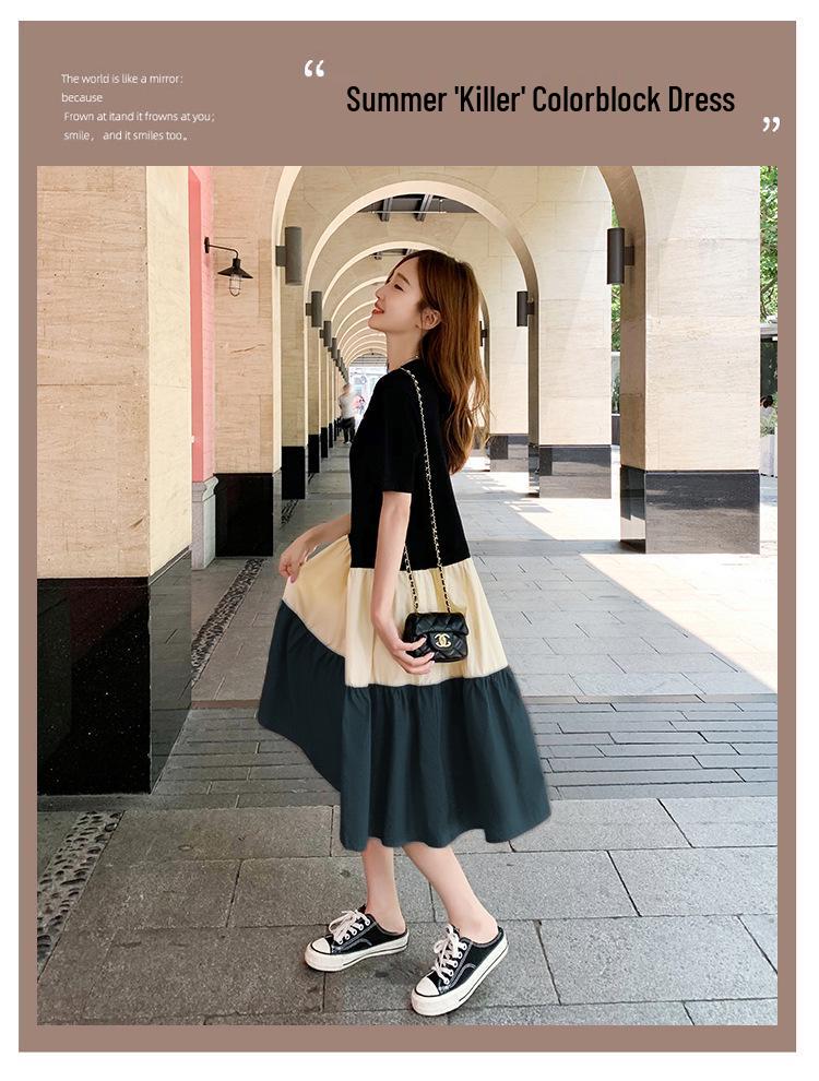 Women's Mid-Length A-line Patchwork Dress, Loose Fit, Short-Sleeved, Over-the-Knee, Summer Style