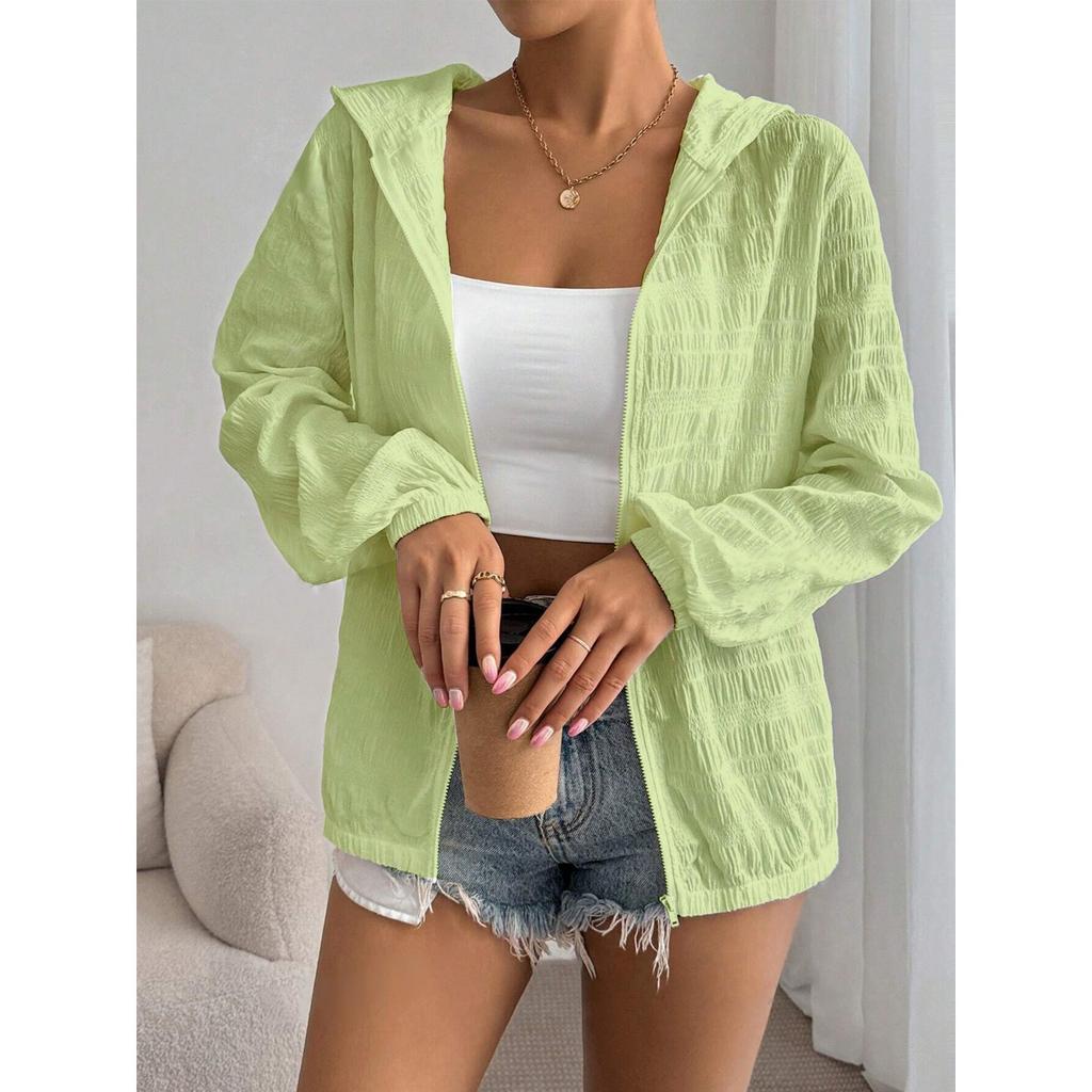 Women's Summer Thin Hooded Sun Protection Jacket, European American Ins Style Loose Zipper Outerwear for Women