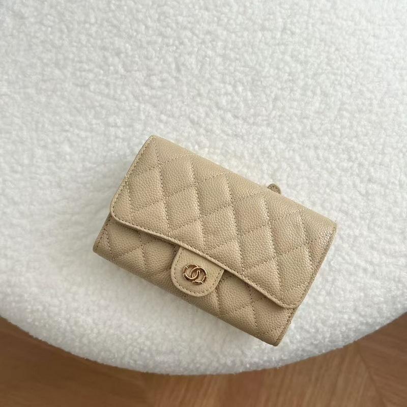 2026 New Caviar Patterned Cowhide Long Three Fold Wallet Hand-held Bag Chain Strap Crossbody Genuine Leather Women's
