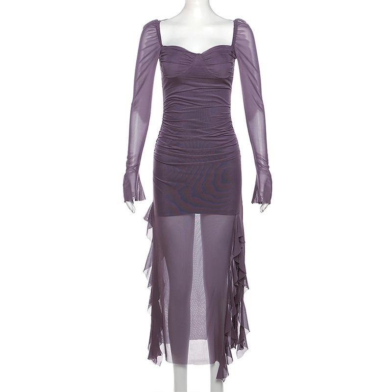 Dámské nepravidelné jarní volánové jednobarevné síťované šaty Spice Girl s rozparkem a dlouhým rukávem