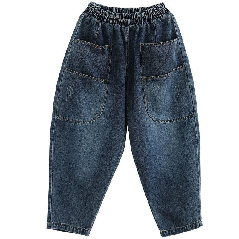 Plus Size Women's Retro Distressed Harem Denim Pants Elastic Waist Jeans Loose Casual Wide Leg Straight Big Pocket Trousers