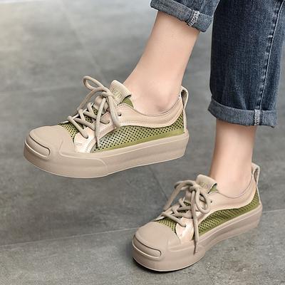 Genuine Leather Casual Flat Sandals Handmade Round Toe Breathable Women Vulcanize Platform Shoes