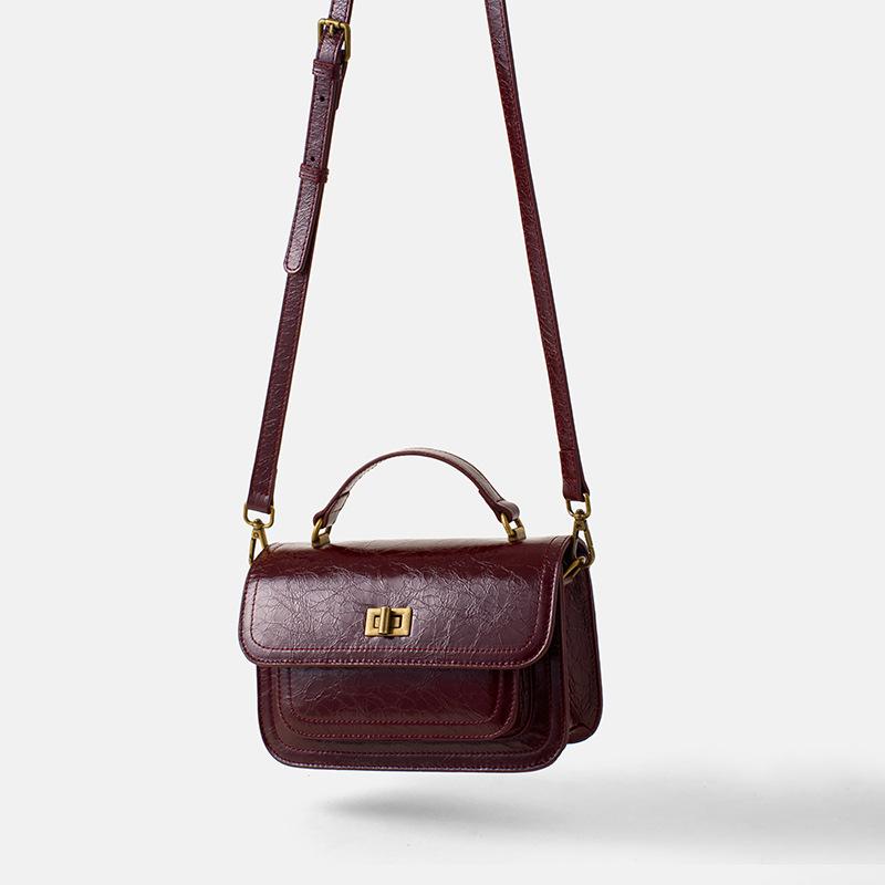 Retro Cowhide Square Bag  New Genuine Leather Women's Bag Handbag  Women's High-end Textured One-shoulder Crossbody Bag