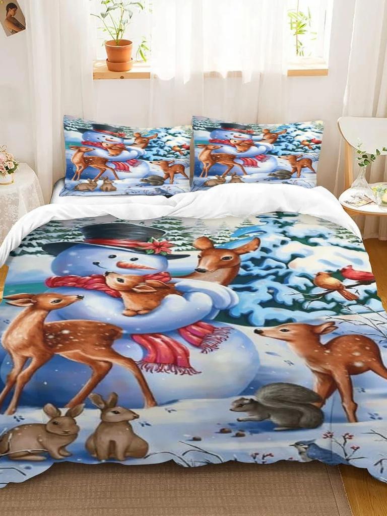 Weihnachts-Bettbezug Weihnachtsmann Schneemann Doppelbett Bettwäsche-Set Mikrofaser Cartoon Bettdeckenbezug mit Kissenbezügen Kindergeschenk