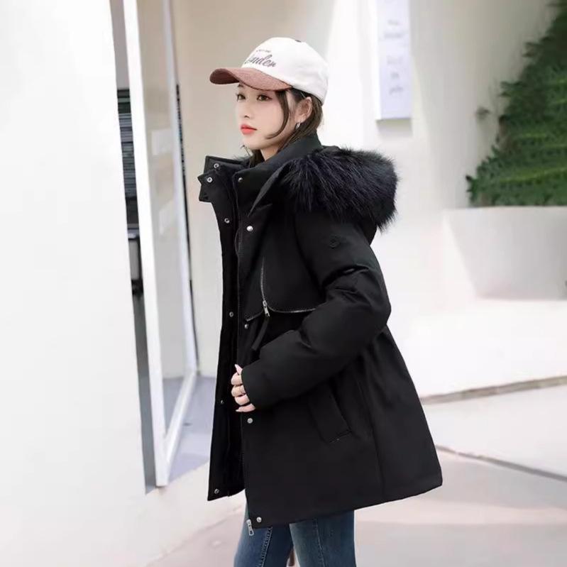 

2024 Женская парка в корейском стиле свободного кроя средней длины с хлопковой подкладкой 2XL [Recommended for 140-160 lbs] чёрный