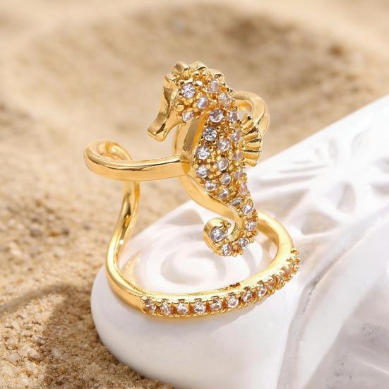 Gold Sea Animals Ring for Women Rhinestone Seahorse Turtle Dolphin Starfish Seashell Double Layer Adjustable Ring Bohemian Beach Jewelry Gift for