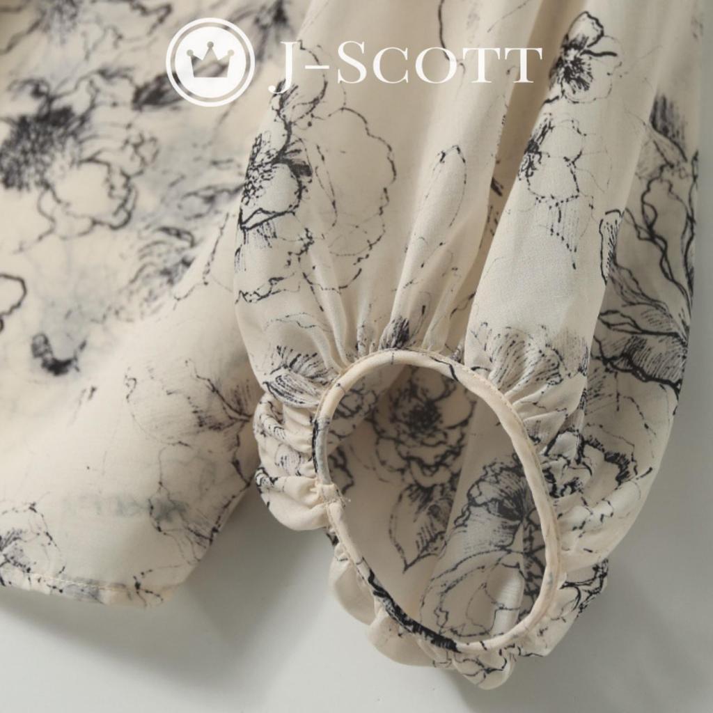 J-Scott Painting-Style Flower Print Blouse, Collarless, Puff Sleeves, Sheer, Lightweight, Refreshing, Ivory, JS46-IV-L