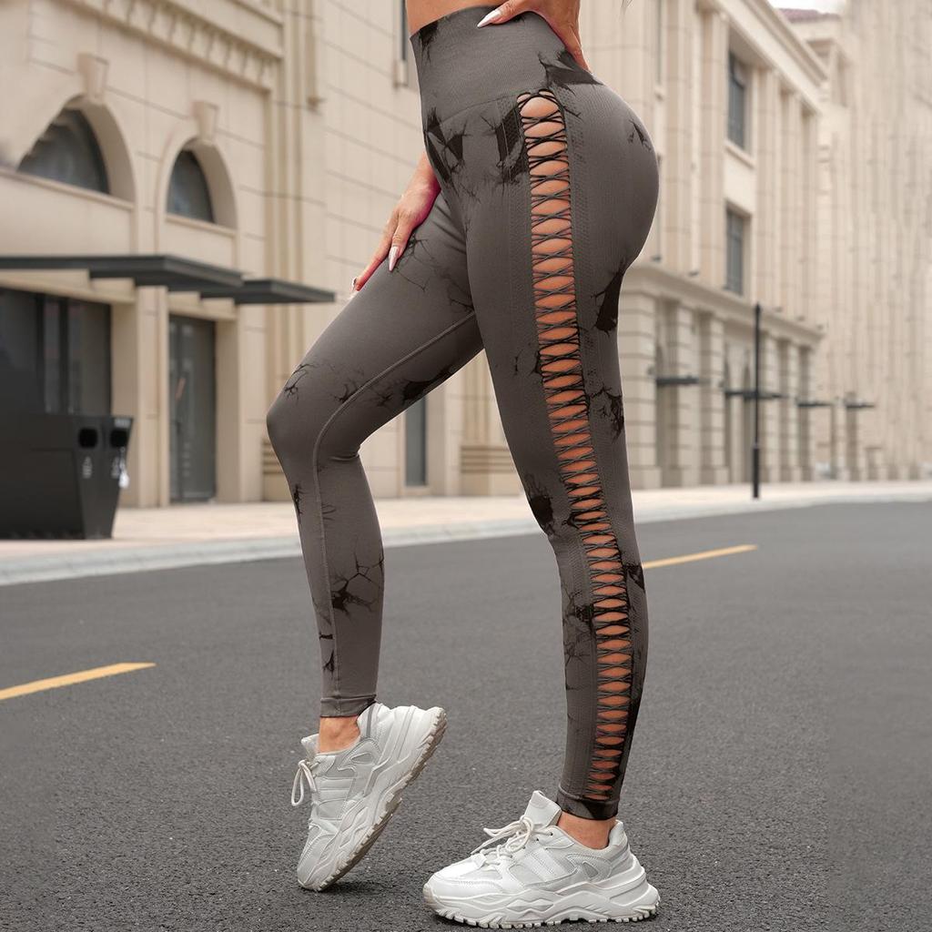 Side Cutout Tie-Dye High Waist Yoga Pants - Peach Bum Lift, Seamless Fitness Leggings for Women