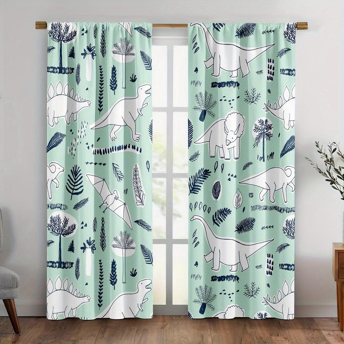 

2-Piece Cartoon Dinosaur Print Curtains, Polyester Fabric, Machine Washable, Suitable For Bedroom Living Room Decoration 53x116cm &2pc