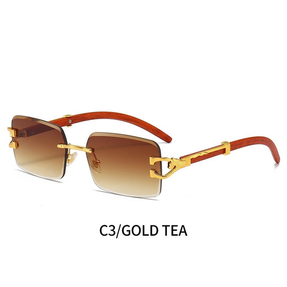 Gafas de Sol Cuadradas Vintage Sin Montura Mujer Hombre Lujo Populares Viaje Conducir Metal Cabeza de Leopardo Gafas de Sol UV400