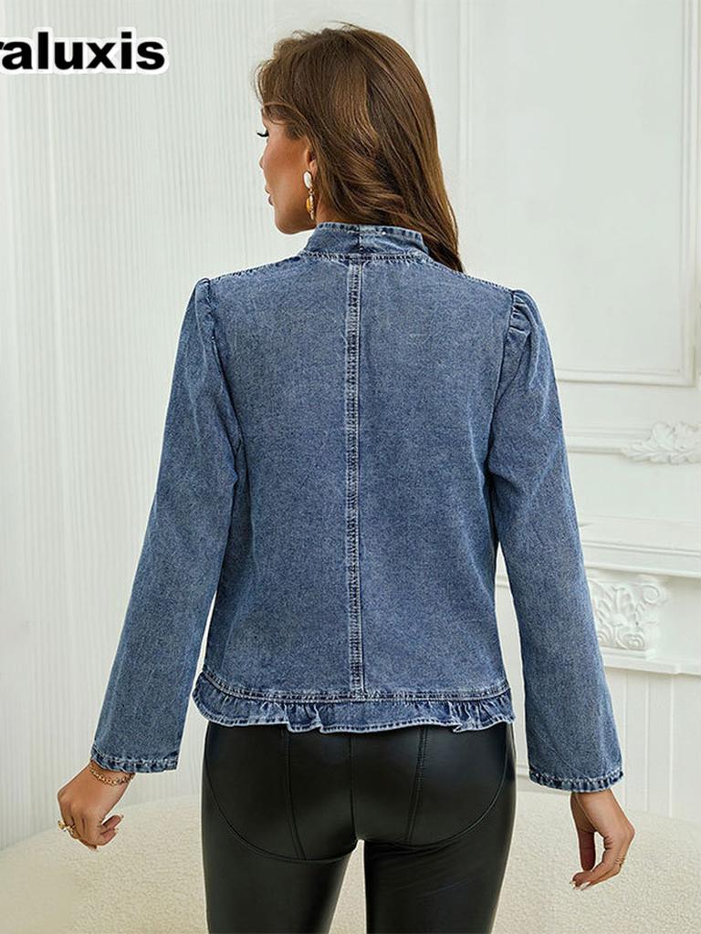 Veste en jean courte à bordure florale pour femme, coupe ample, pour le printemps et l'automne