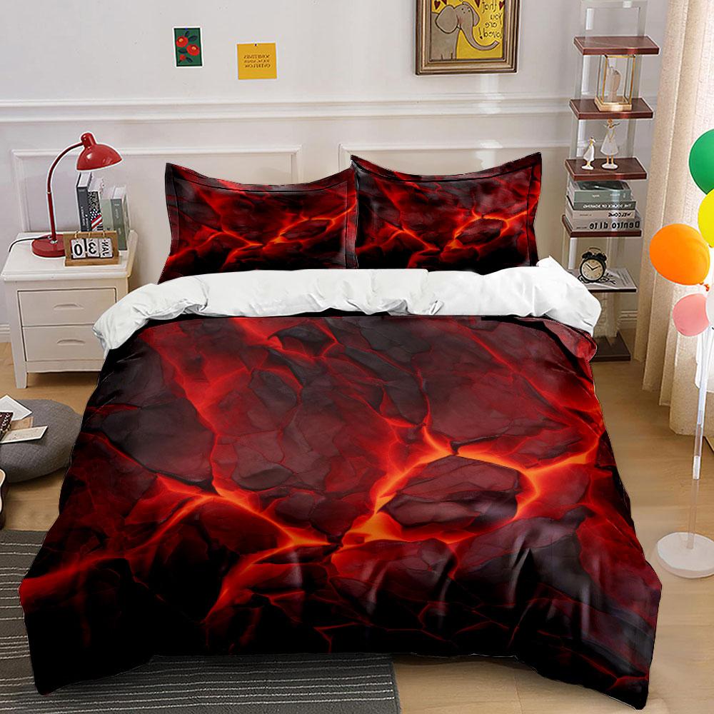 3-teiliges rotes Lava-Bettwäscheset Feuriges vulkanisches Magma-Muster Bettbezug-Set Rotes rissiges Felsmuster für mutige Schlafzimmerdekoration