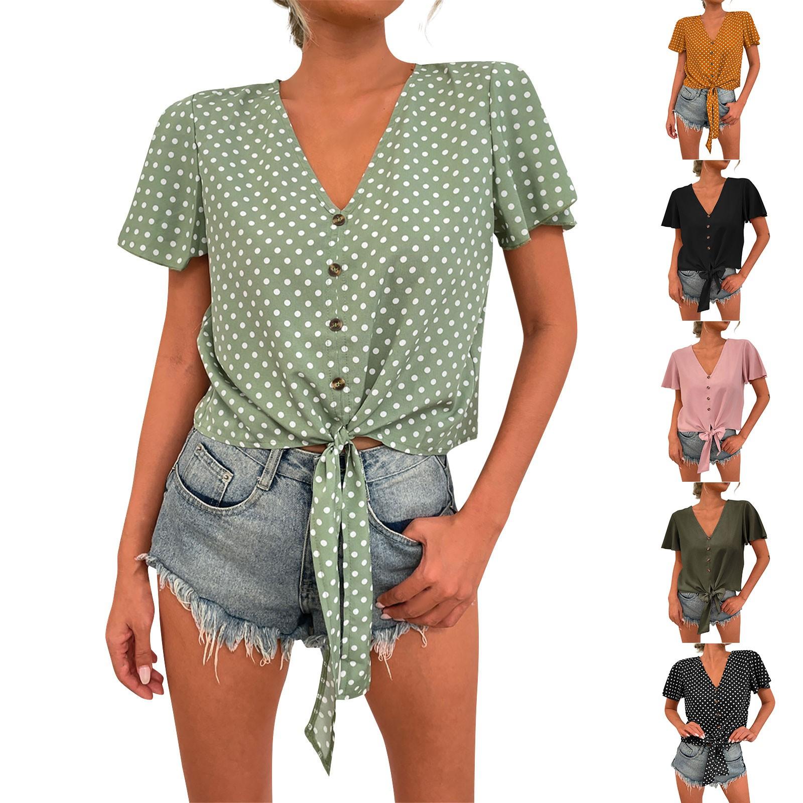 

Женская летняя шифоновая рубашка в горошек с короткими рукавами и v-образным вырезом на шнуровке и пуговицами