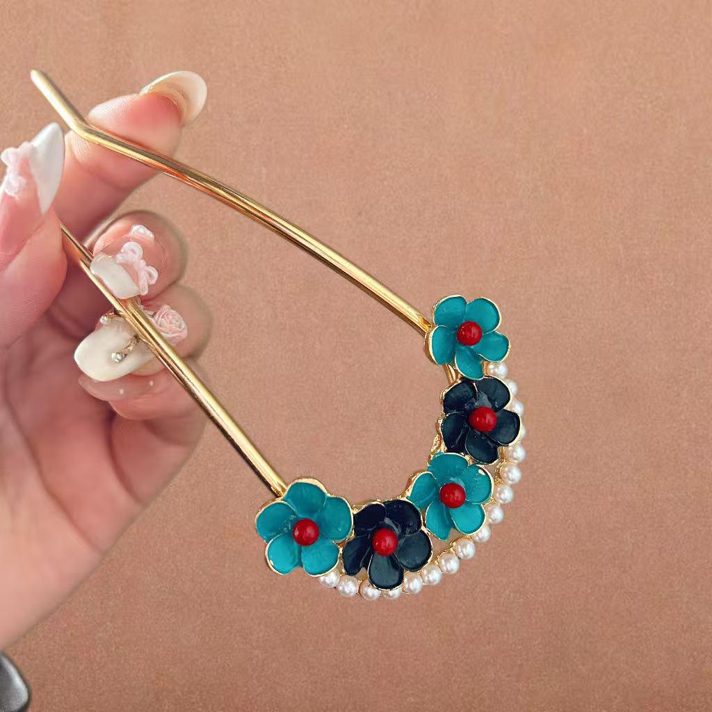 Imitation Cloisonné U-Shaped Hairpin with Pearl & Floral Design - Elegant Chinese Style Headdress