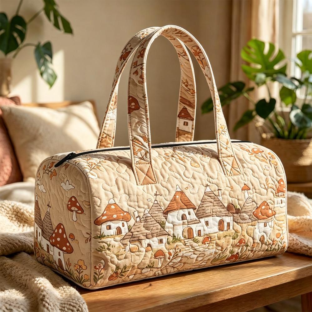 Gesteppte Reisehandtasche Neutraler Ton Verspieltes Pilzdorf Wochenendtasche Bohème 3D Gesteppte Freizeit Reise Fitness Tasche mit Erdiger Hausgrafik