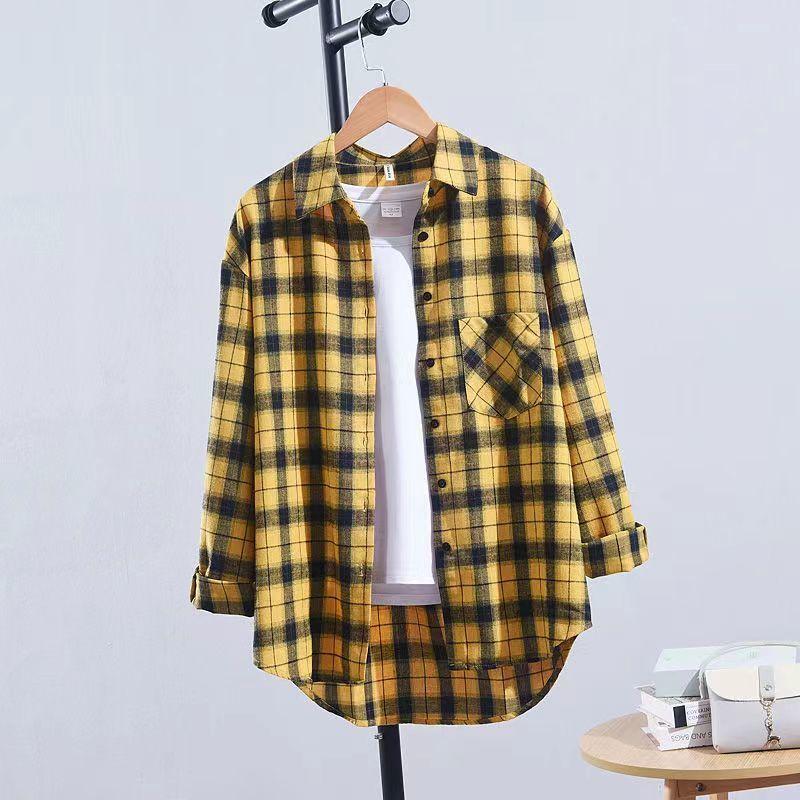 Spring and Autumn Plaid Shirt Women's Loose Versatile Slimming Harajuku Style Brushed Long Sleeve Top Jacket