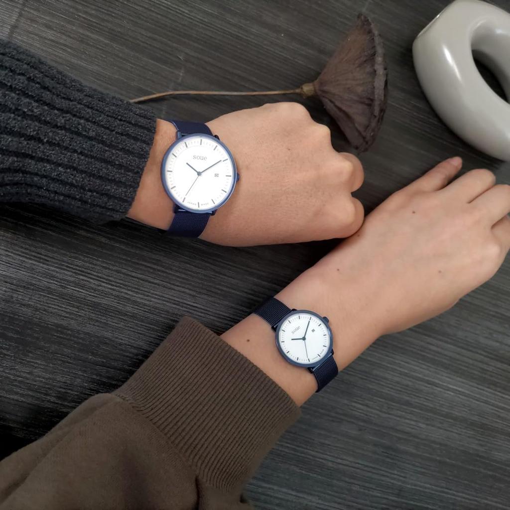 soue Pair Watch A Basics Pair Watch Ladies Pair Couple 38mm x 30mm Size Stainless Steel Mesh Band Metallic Blue White Dial [SOUE] Men's