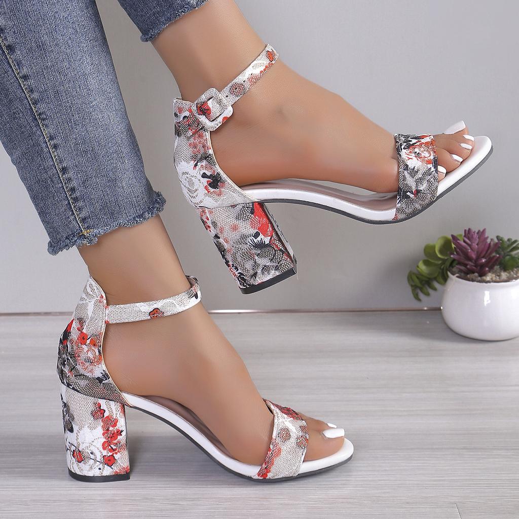 Fashion Women Sandals Summer New Vintage Flower Print Open Toe High Heels Shoes Woman Fashion Casual Buckle Ankle Strap Sandals Women
