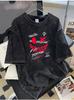 Summer Mens Casual  Cotton Washed TShirt  Black Loose Retro Printed Street Trendy Round Neck Short Sleeve