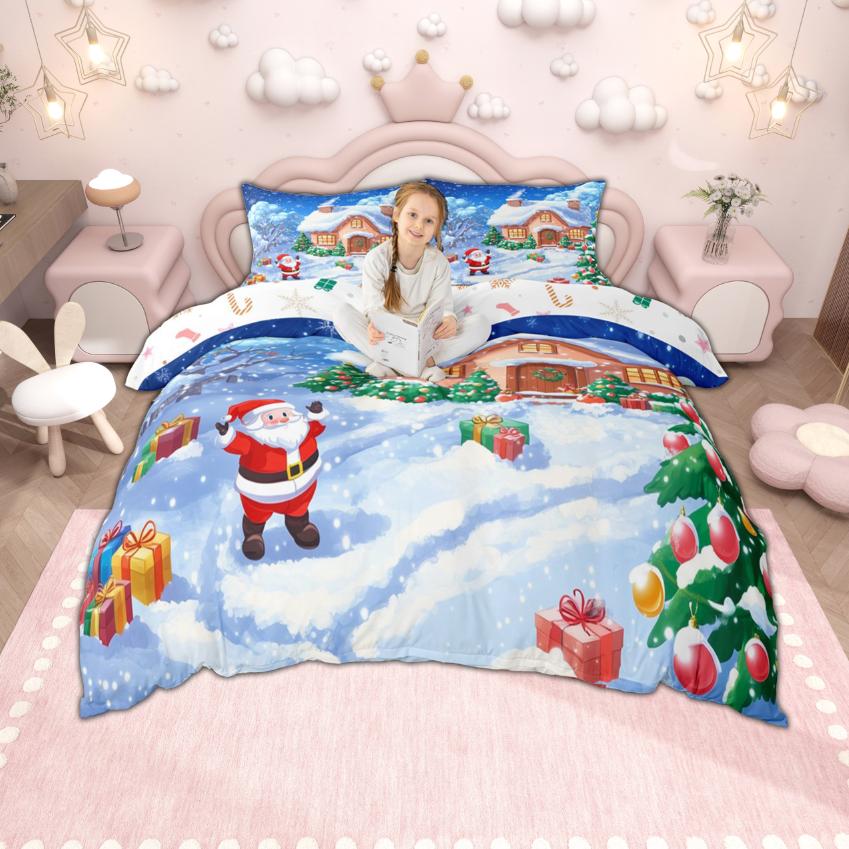 Homewish Girls Boys Christmas Duvet Cover Set, Kawaii Snowman Santa Claus Bedding Set, New  Theme Quilt Cover Set