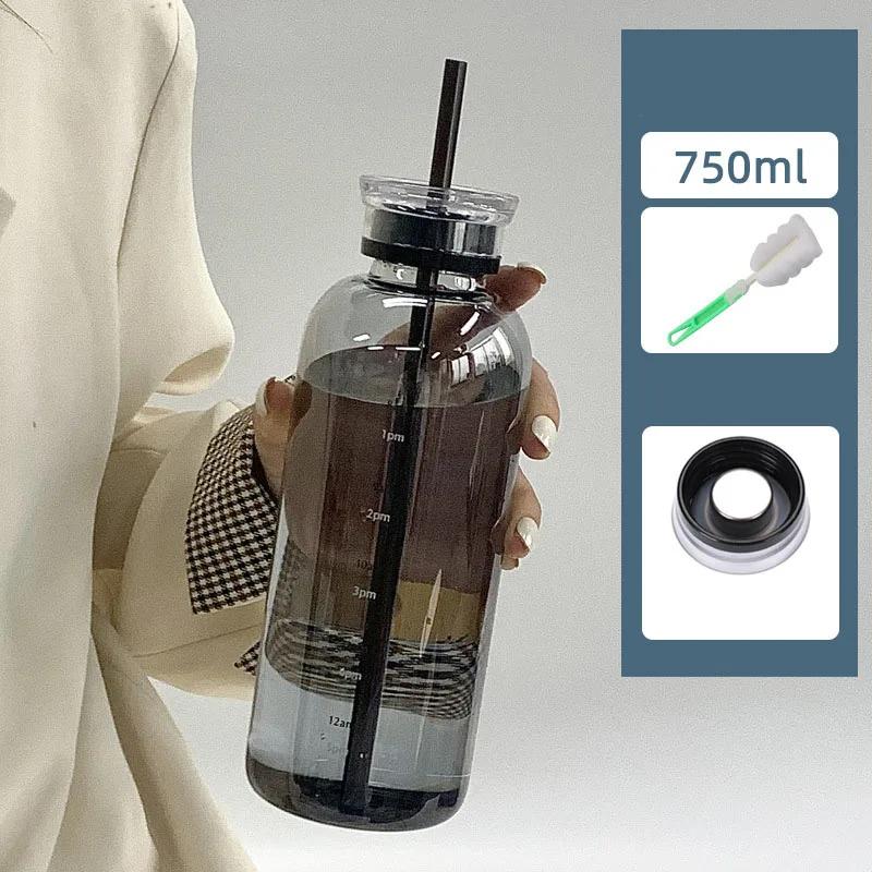 450/750ml Large Glass Water Bottle with Straw 2 Lids Clear Kawaii Drinking Bottle Leakproof Cup for Woman Girl