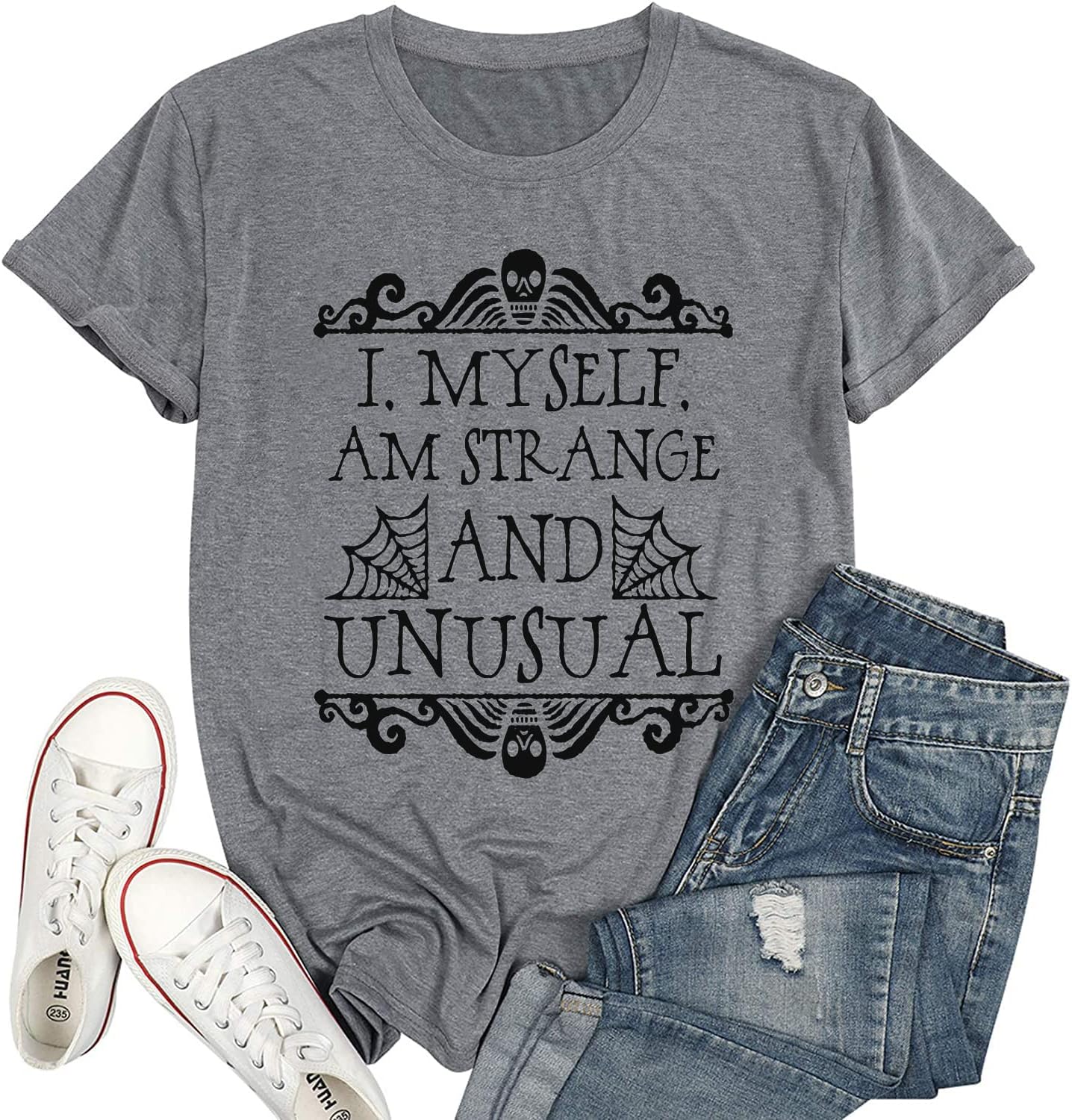I Myself Am Strange and Unusual Tshirt Women Novelty Funny Letter Print Halloween Shirt Horror Movie Graphic Tees XL