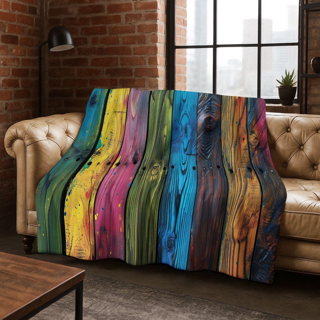 Regenboog Retro Houten Bord Zwart Bruin Houtnerf Flanellen Deken, Gezellige Zachte Plaid voor Huis Slaapkamer Bed Bankhoes Cadeau
