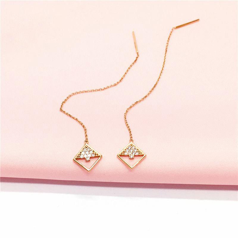 Exquisite Russian Purple Gold Diamond-Encrusted Semi-Hollow Square Long Earline Rose Gold-Plated Exquisite Versatile Colored Gold Earrings (rose gold plated pair)