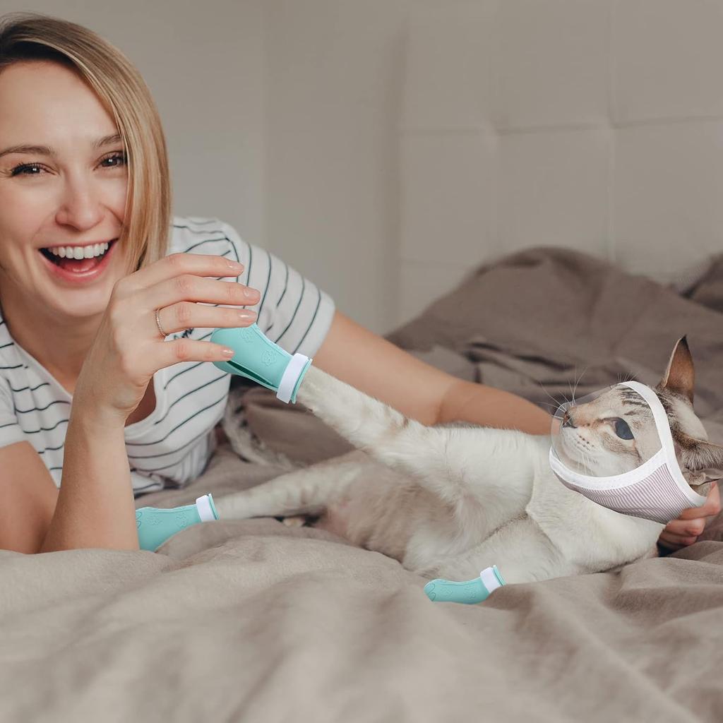 Hillban Cat Muzzle for Grooming with 4 Silicone Boots Breathable Transparent Face Guard Silicone Cat Claw Covers Anti Scratch Booties to Prevent
