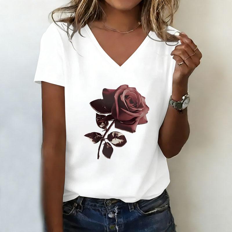 Retro T-shirt V-neck casual fashion rose print T-shirt for women
