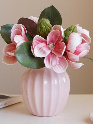 1 Bunch Magnolia Bouquet Foam with Leaves Artificial Magnolia Flower 3 Heads Arrangement for Home Living Room Wedding Bedroom Floor Vase Decoration