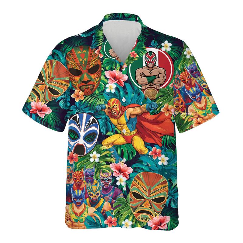 Maglietta da uomo con stampa 3D Maschera da wrestling messicana Lucha Libre Manica corta Collo a revers Top Estiva Street Camicie Hawaiane