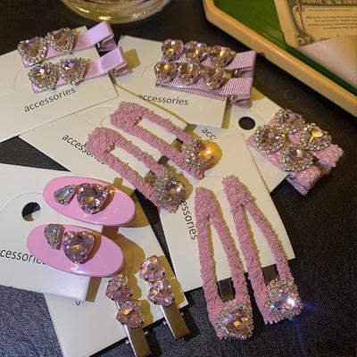Pink Love Hairpin Series~ Sweet Rhinestone Ins Vintage French Bangs Clip Side Clip Hair Accessories Women