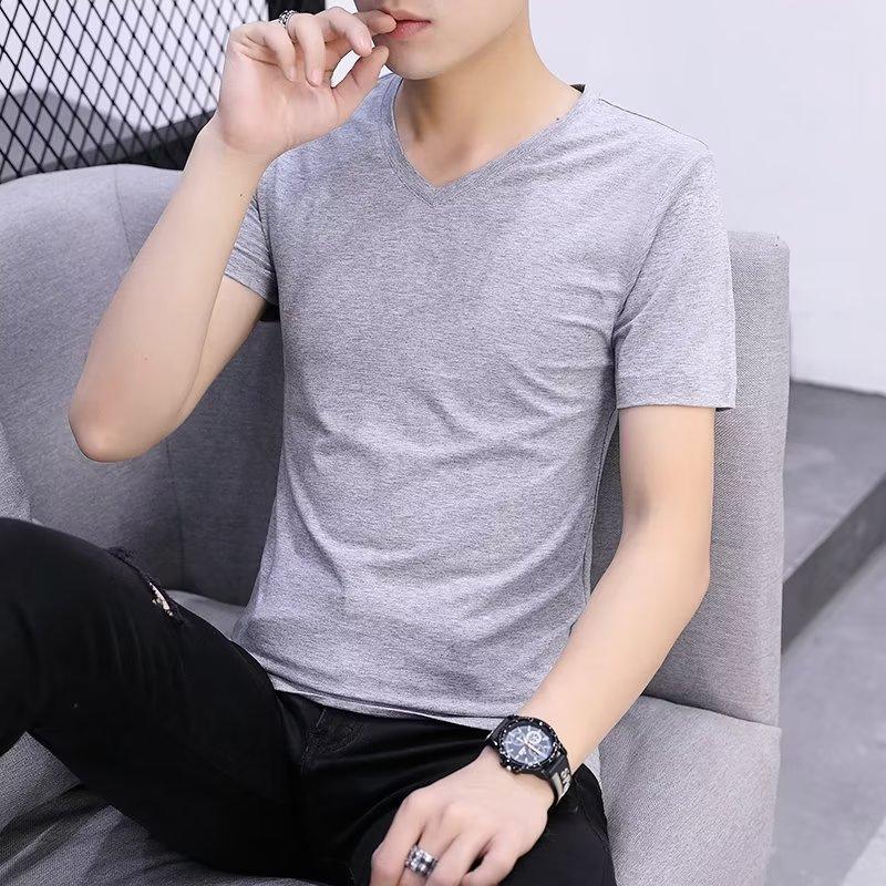 Pure Cotton White Short-sleeved T-shirt for Men's Summer Thin Trendy V-neck 2025 New Large-size Slim Base Shirt Trendy