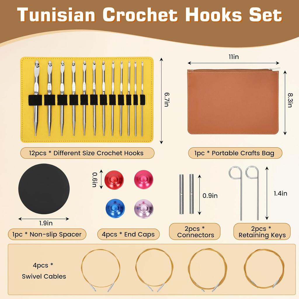 Tunisian Crochet Hook Set, Interchangeable Tunisian Crochet Hooks Set with Cable 3.0mm-10.0mm, 12 Sizes Metal Tunisian Crochet Hooks, Ergonomic