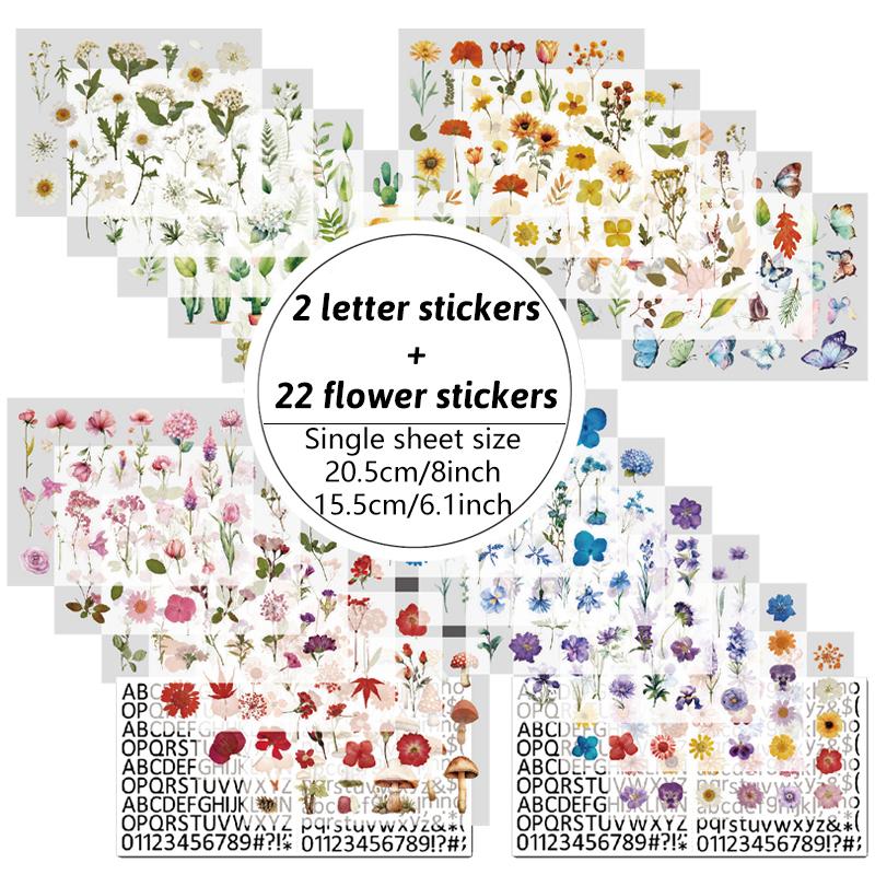 24 листа 760 штук прозрачных наклеек с цветами, наклеек с цифрами и буквами, для DIY скрапбуков, натуральные наклейки, наклейки с цветами и растениями