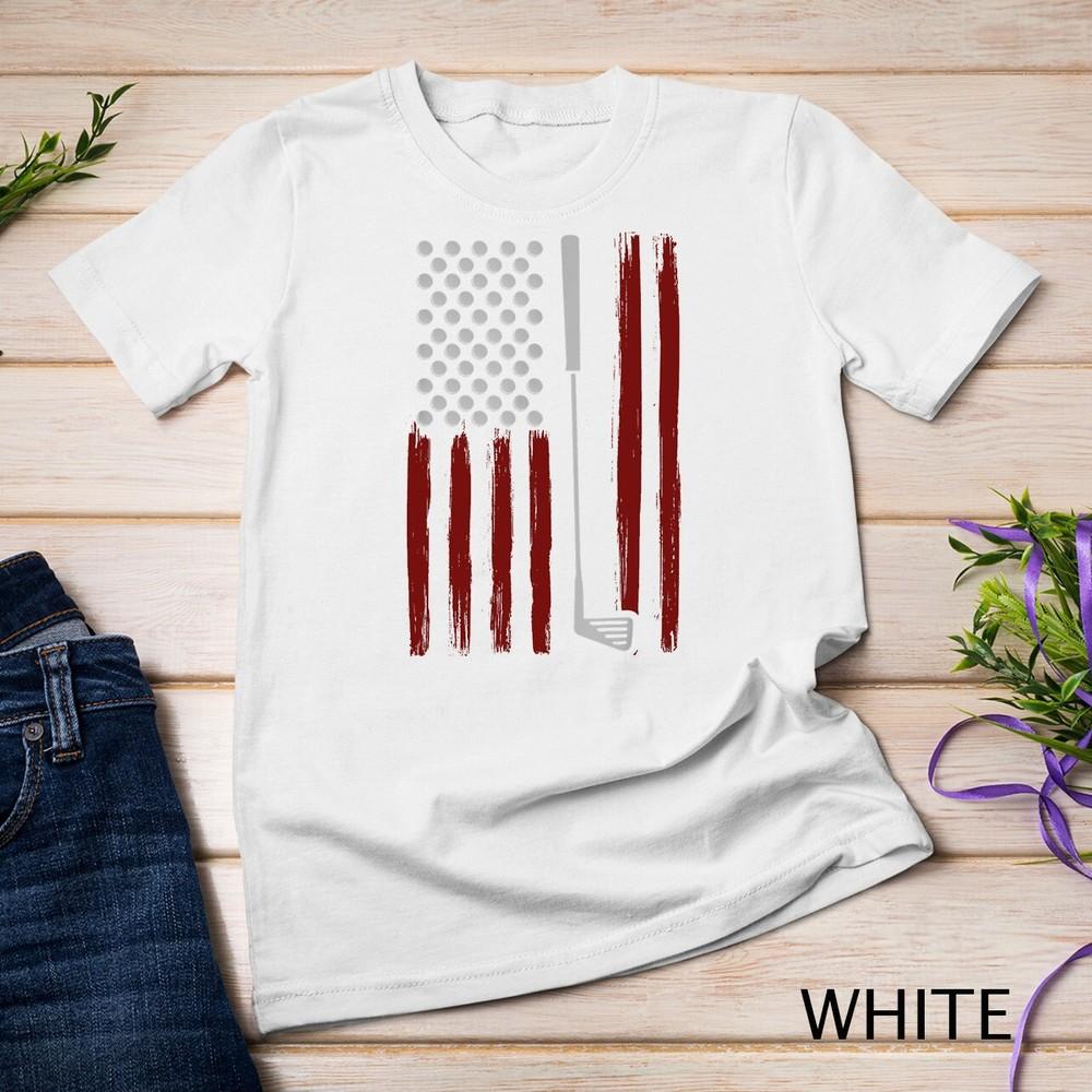 

Retro American Flag Golf Gift for Golfer Funny Golf Club Unisex T-shirt 2XL