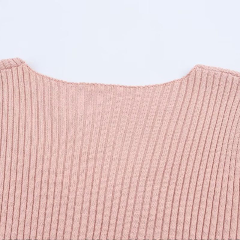 Kaslead New Women clothes Western Style Fashion Simple Solid Color Vertical Stripe Knitted Short sleeve Top