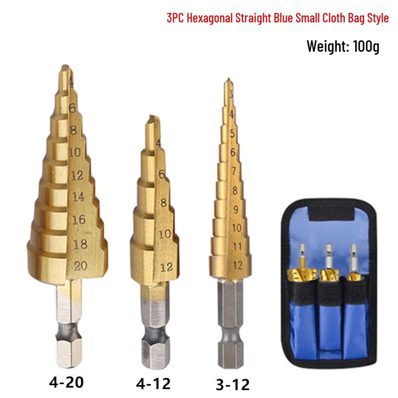 Hex Shank Step Drill Bit Set: Straight & Spiral Flutes, Tapered Hole Opener, Chamfering, with Cloth Bag Packaging.