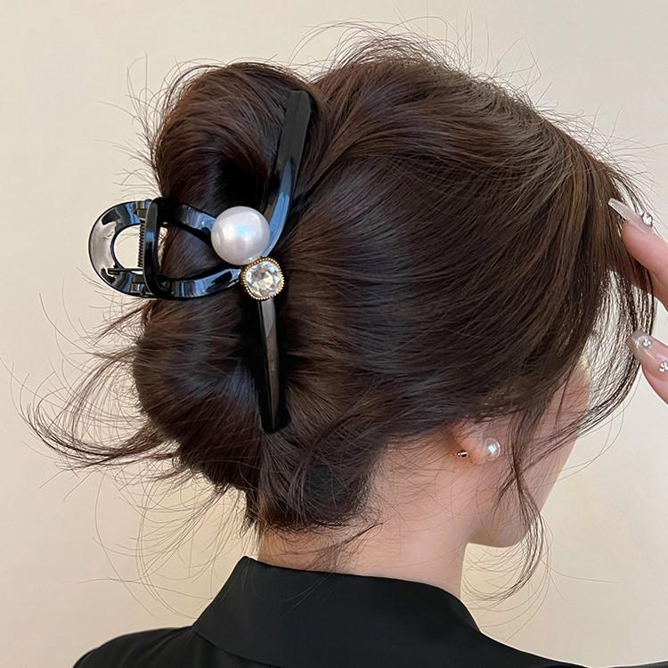 Glossy Black Large Pearl Hair Claw Clip for Women - High-End Shark Clip for Thick Hair