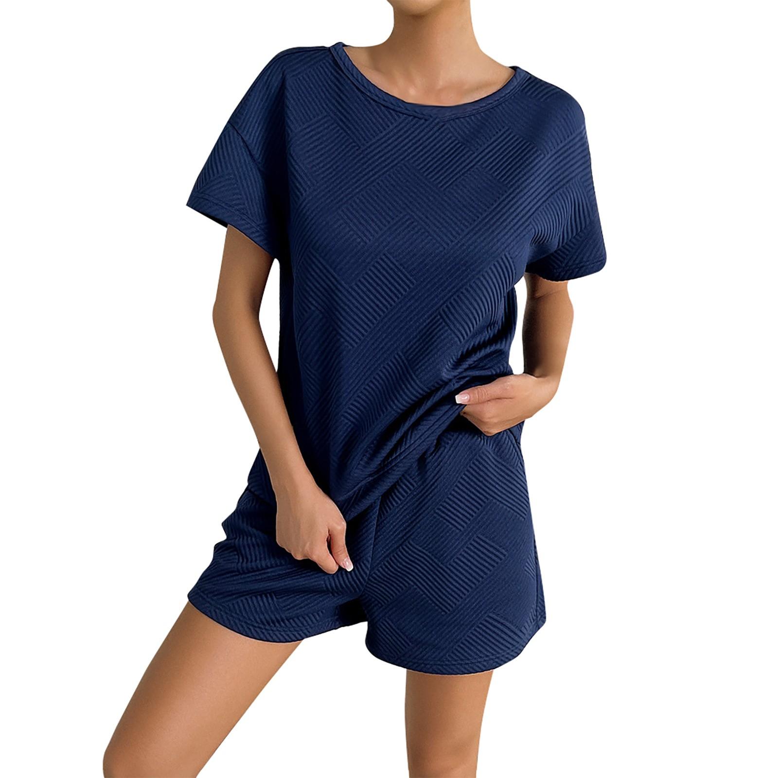 

Женские летние однотонные топы и шорты с круглым вырезом, повседневный комплект из двух предметов XL тёмно-синий