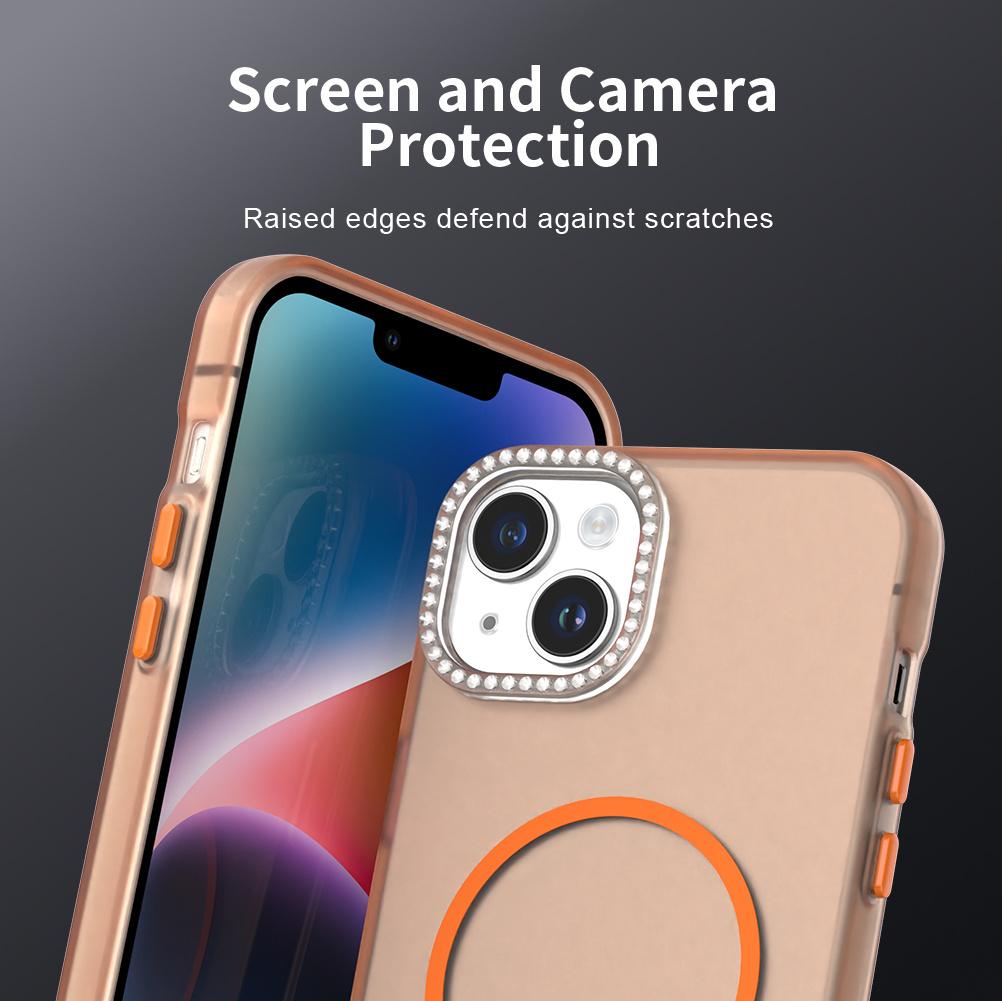 For iPhone 14/13 Case Compatible with MagSafe TPU+PC+PET Phone Cover Rhinestone Decor Lens Frame