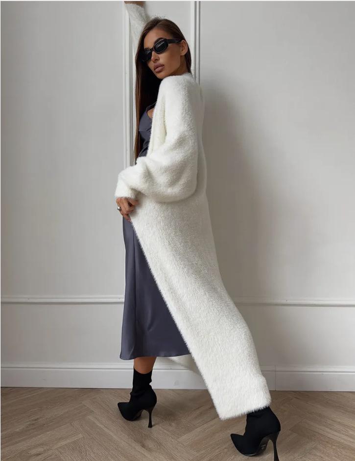 Women's Fluffy Faux Mink Knit Cardigan Coat - White, Autumn/Winter Loose Fit